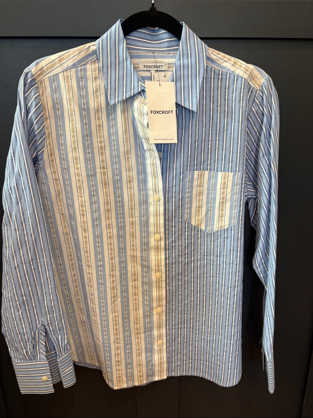 687. Foxcroft Blue and White Vertical Stripe Button-Down Shirt